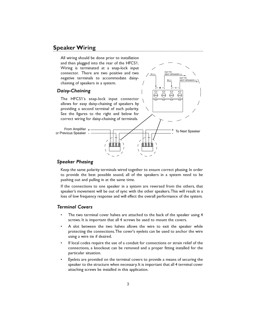 Bogen HFCS1 specifications Speaker Wiring, Daisy-Chaining, Speaker Phasing, Terminal Covers 