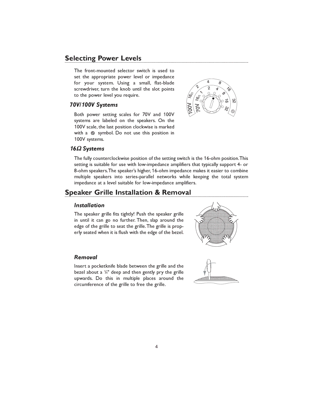 Bogen HFCS1 specifications Selecting Power Levels, Speaker Grille Installation & Removal 