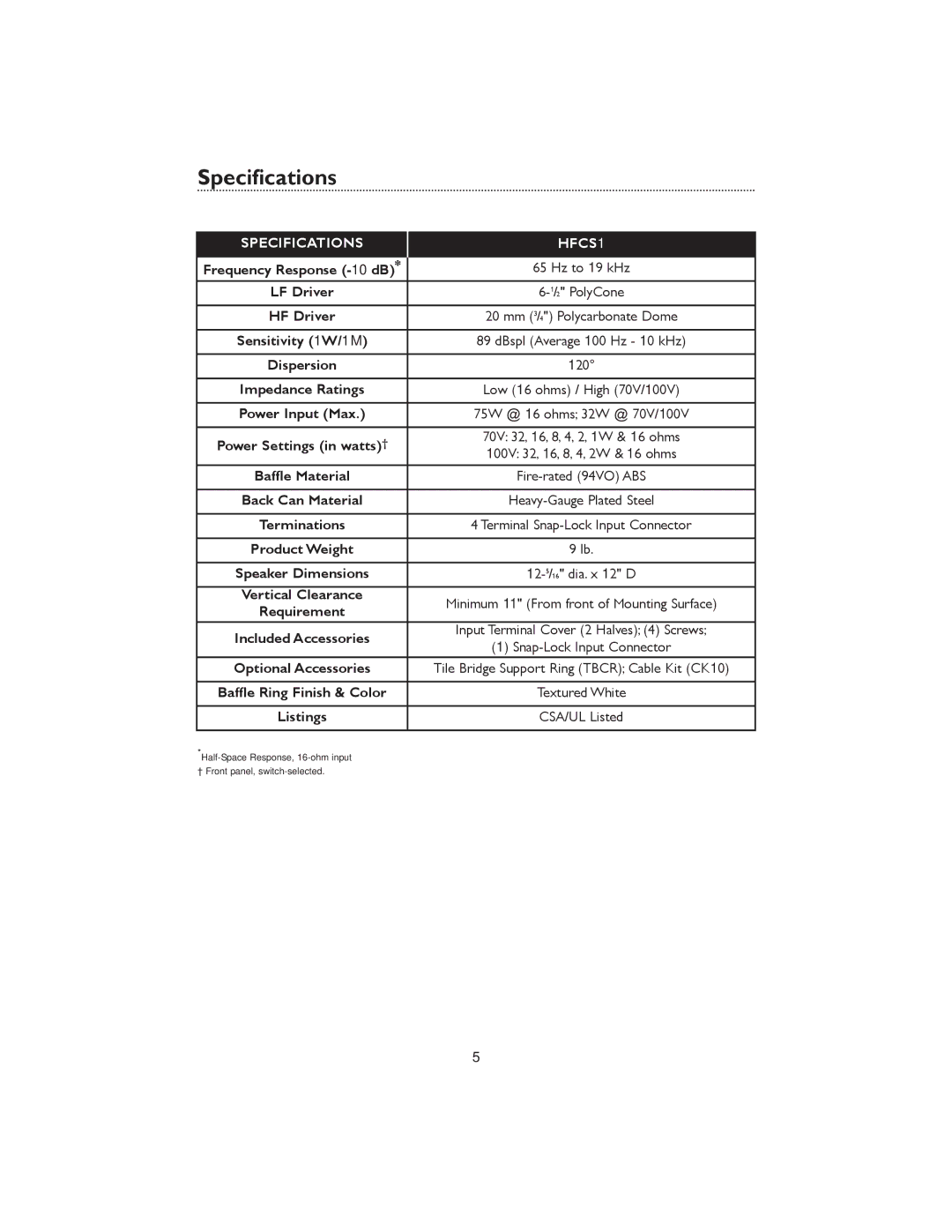 Bogen specifications Specifications HFCS1 