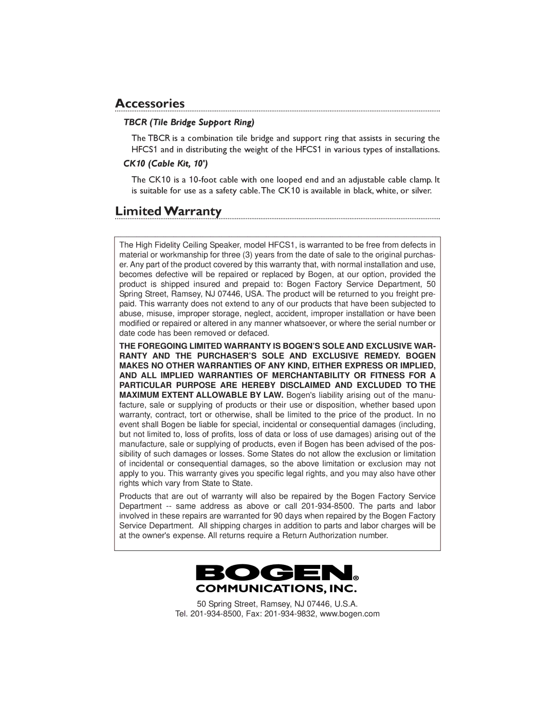 Bogen HFCS1 specifications Accessories, Limited Warranty 