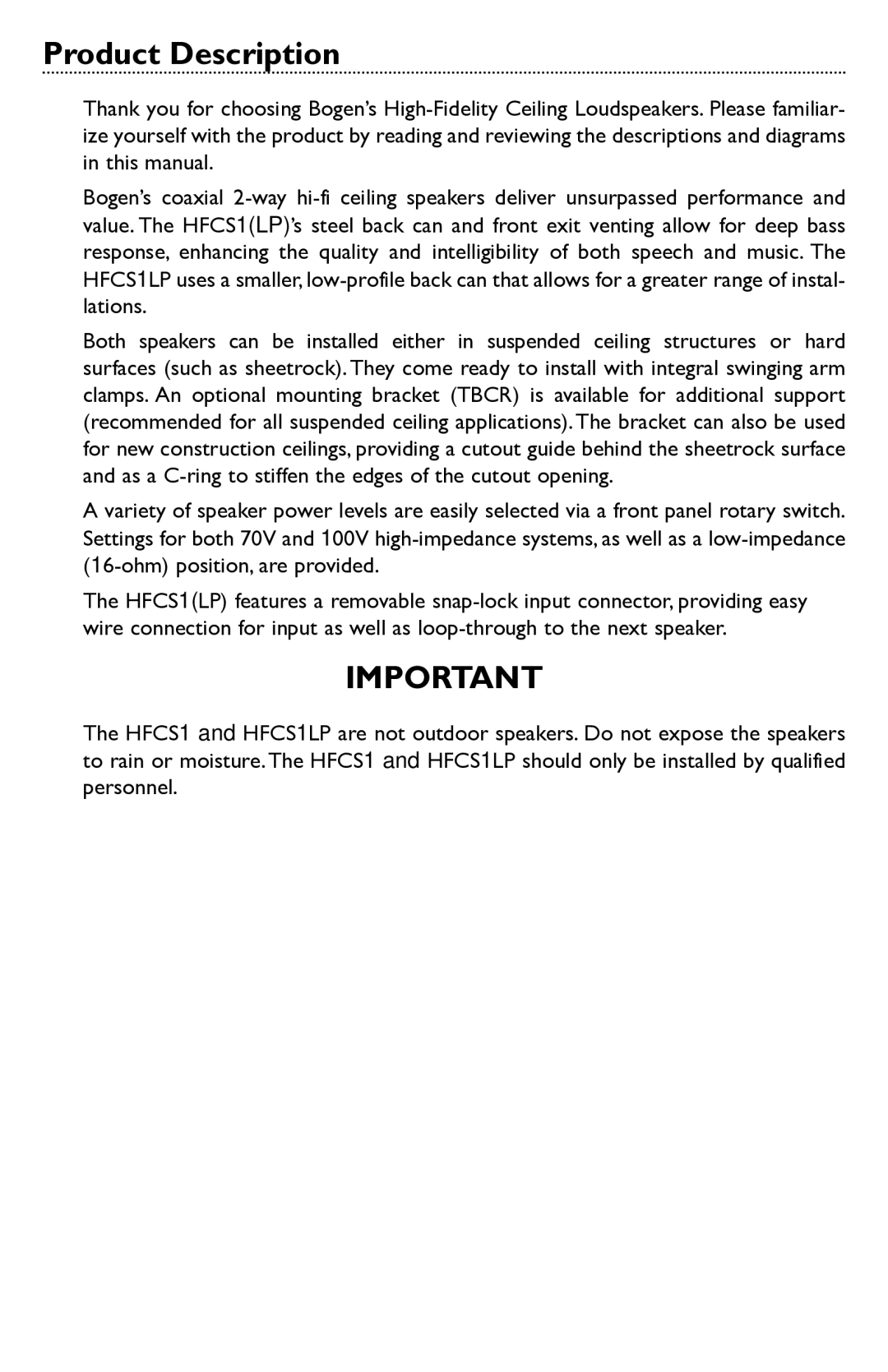 Bogen HFCS1LP specifications Product Description 