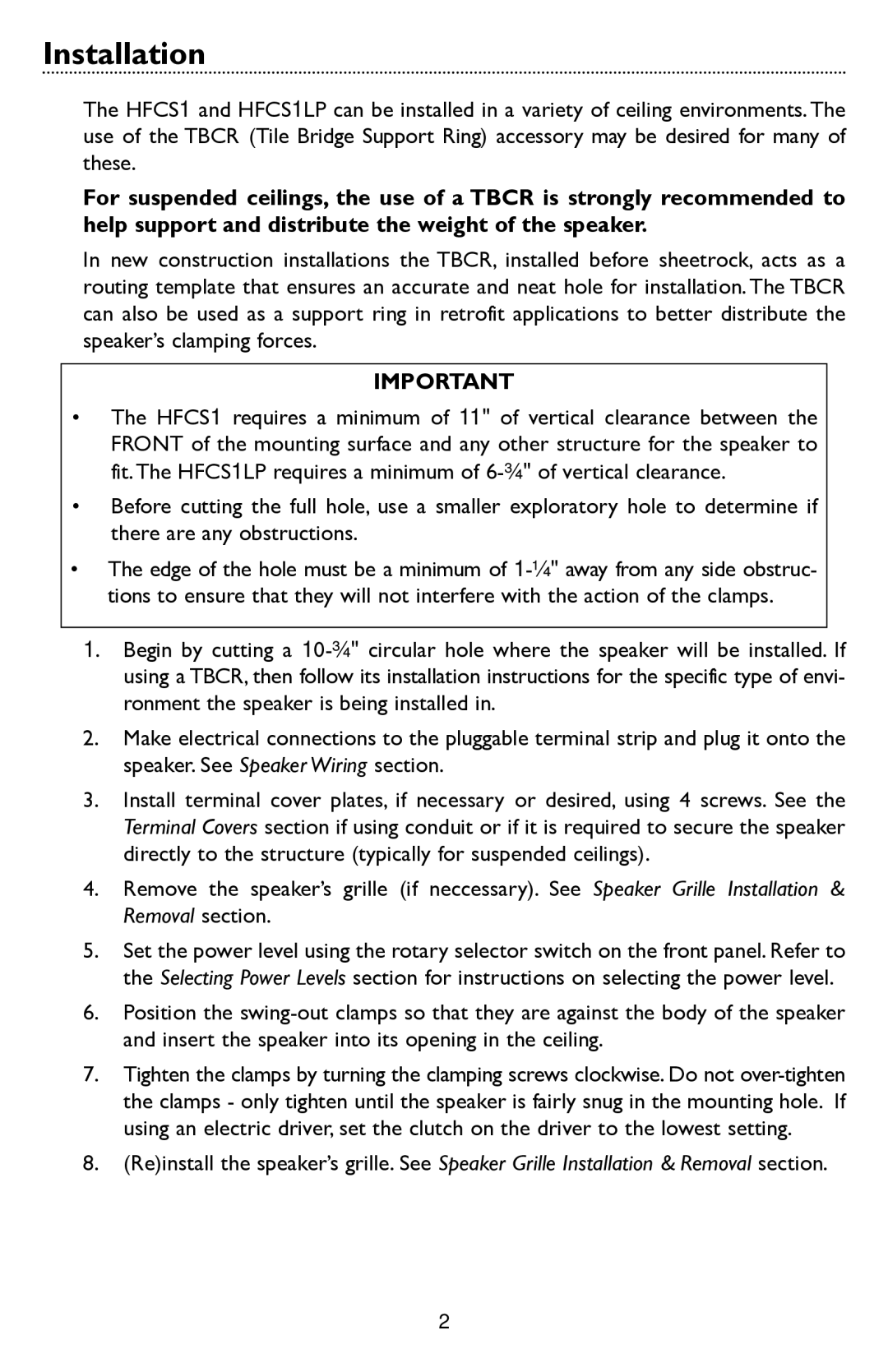 Bogen HFCS1LP specifications Installation 