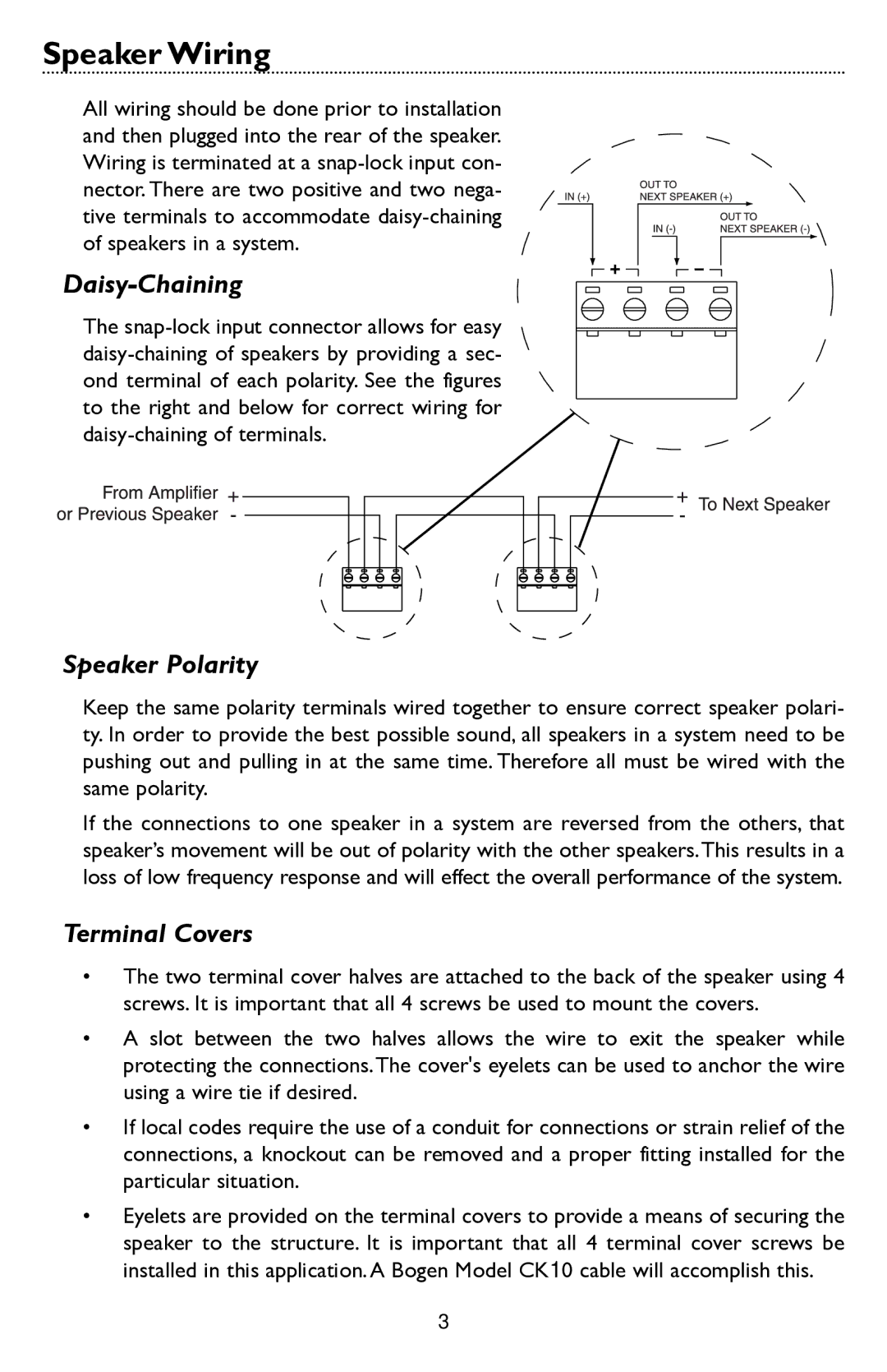 Bogen HFCS1LP specifications Speaker Wiring, Daisy-Chaining, Speaker Polarity, Terminal Covers 