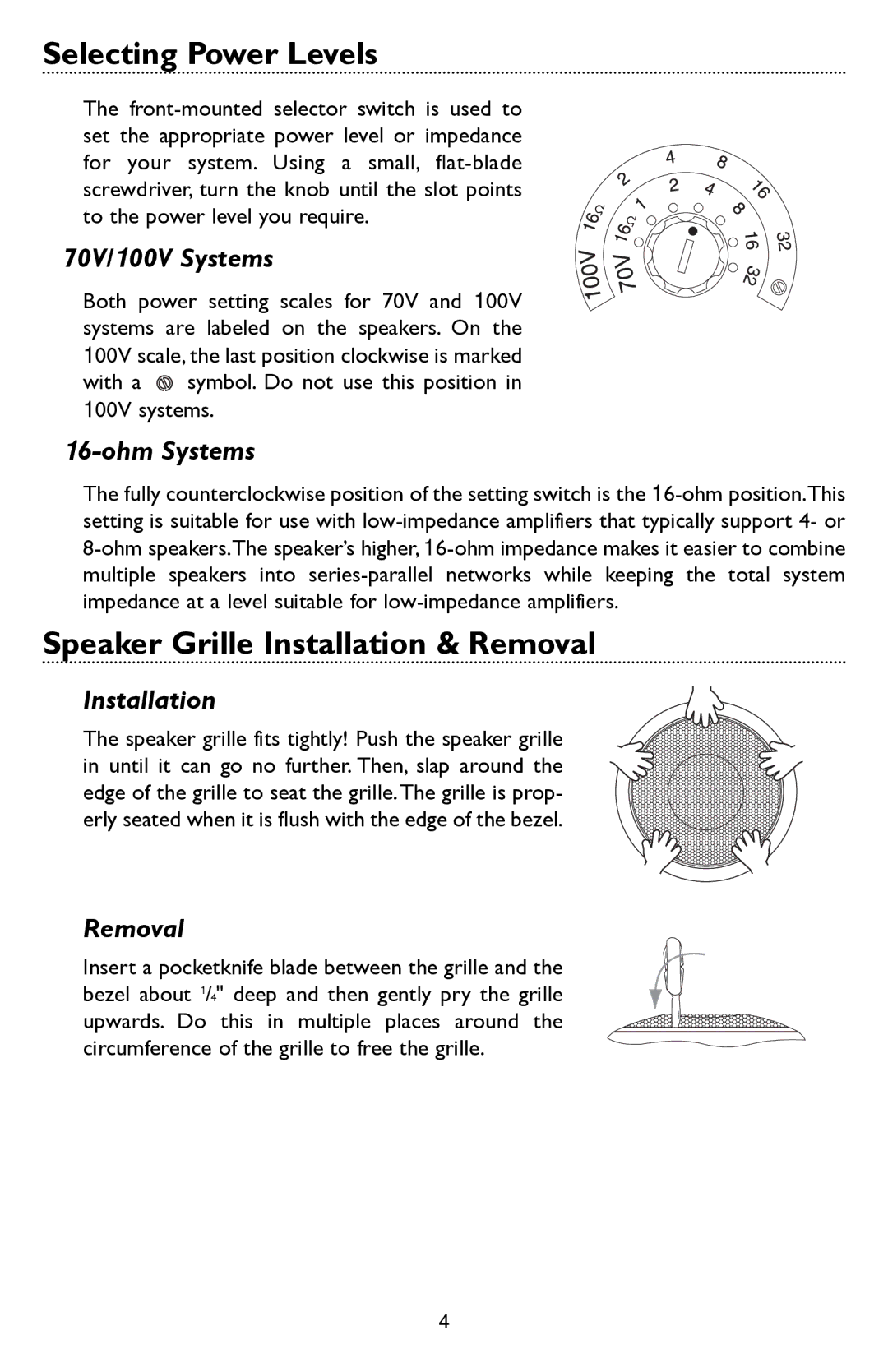 Bogen HFCS1LP specifications Selecting Power Levels, Speaker Grille Installation & Removal 