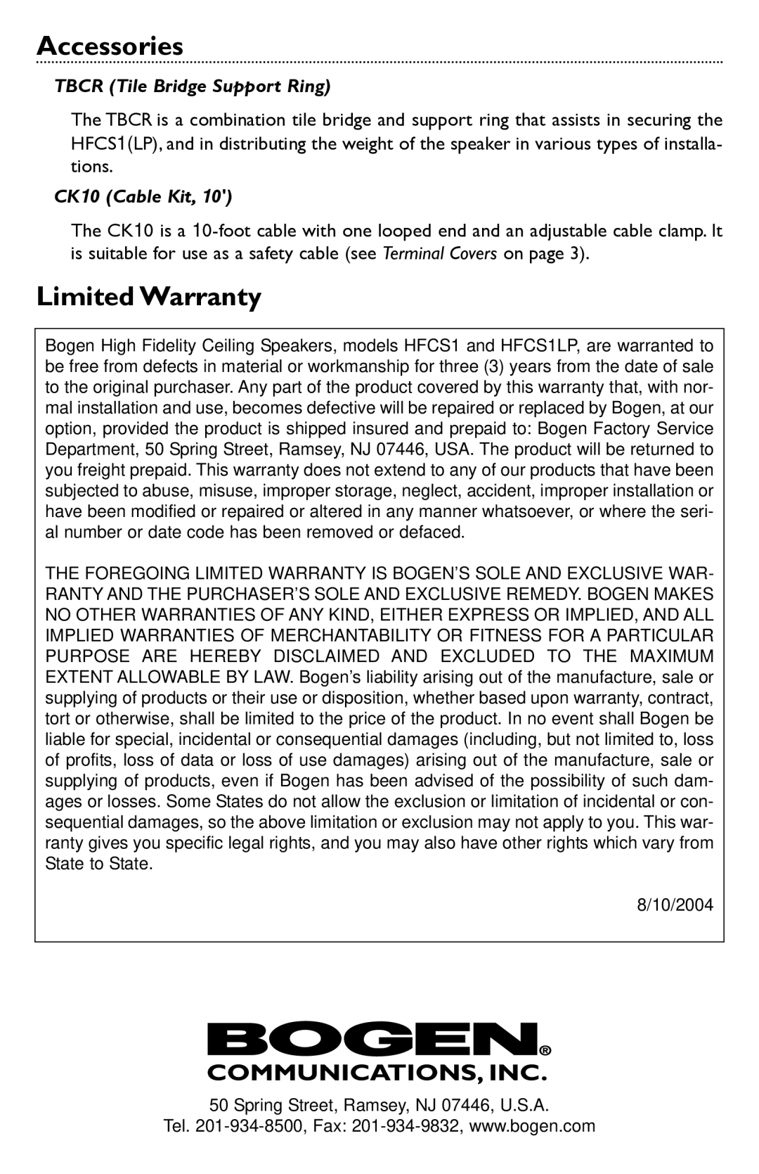 Bogen HFCS1LP specifications Accessories, Limited Warranty 