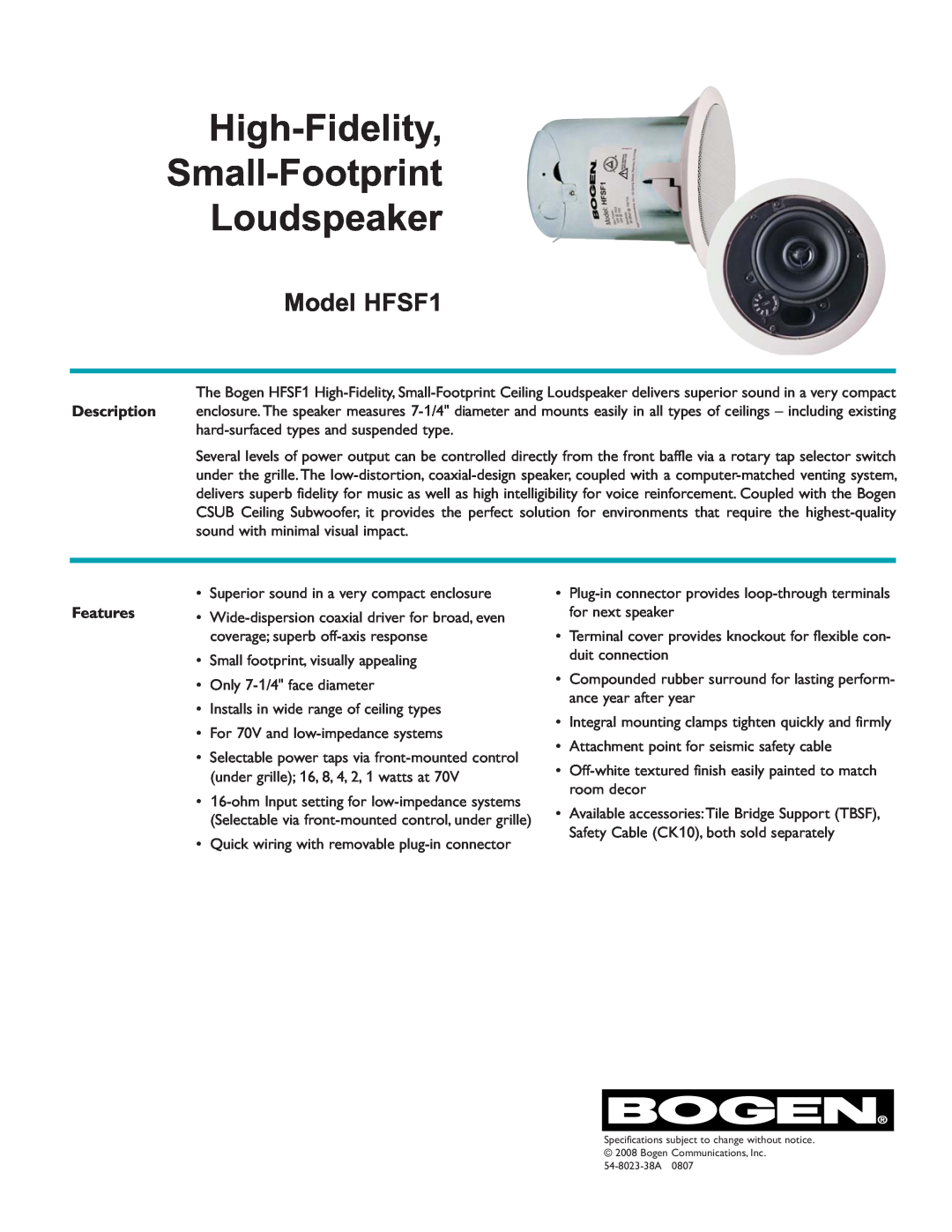 Bogen specifications High-Fidelity Small-Footprint Loudspeaker, Model HFSF1 
