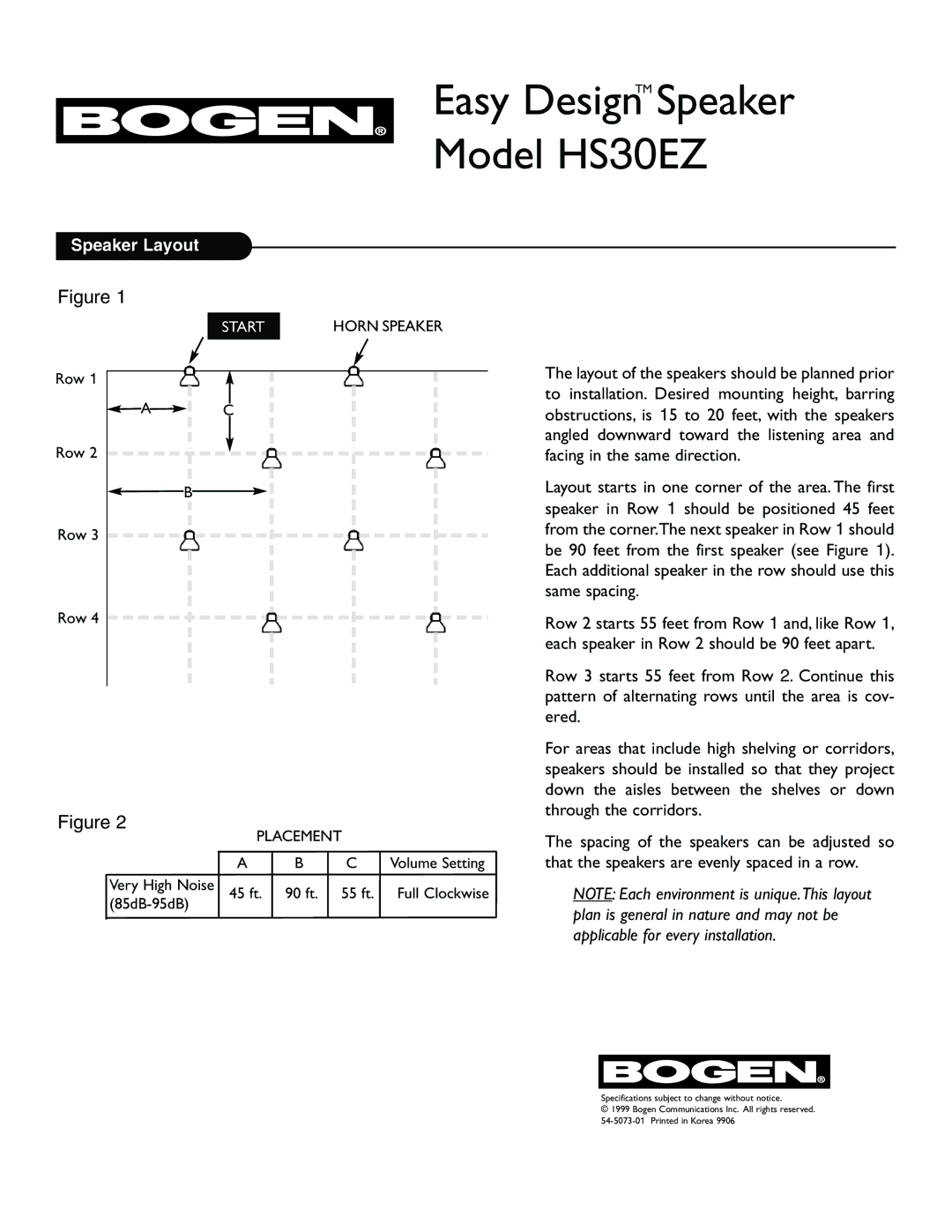 Bogen specifications Easy DesignTM Speaker Model HS30EZ, Speaker Layout 