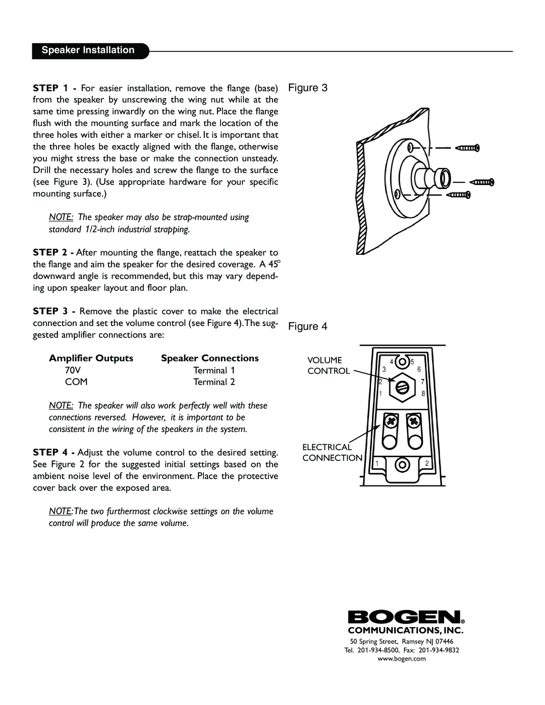 Bogen HS30EZ specifications Speaker Installation, Amplifier Outputs Speaker Connections, Com 