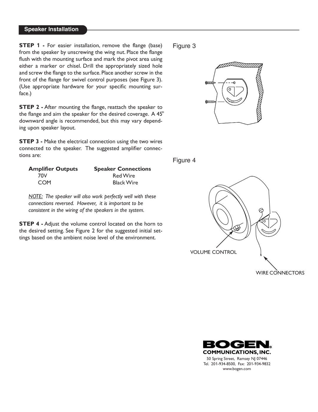 Bogen HS7EZ specifications Speaker Installation, Amplifier Outputs Speaker Connections, Com 