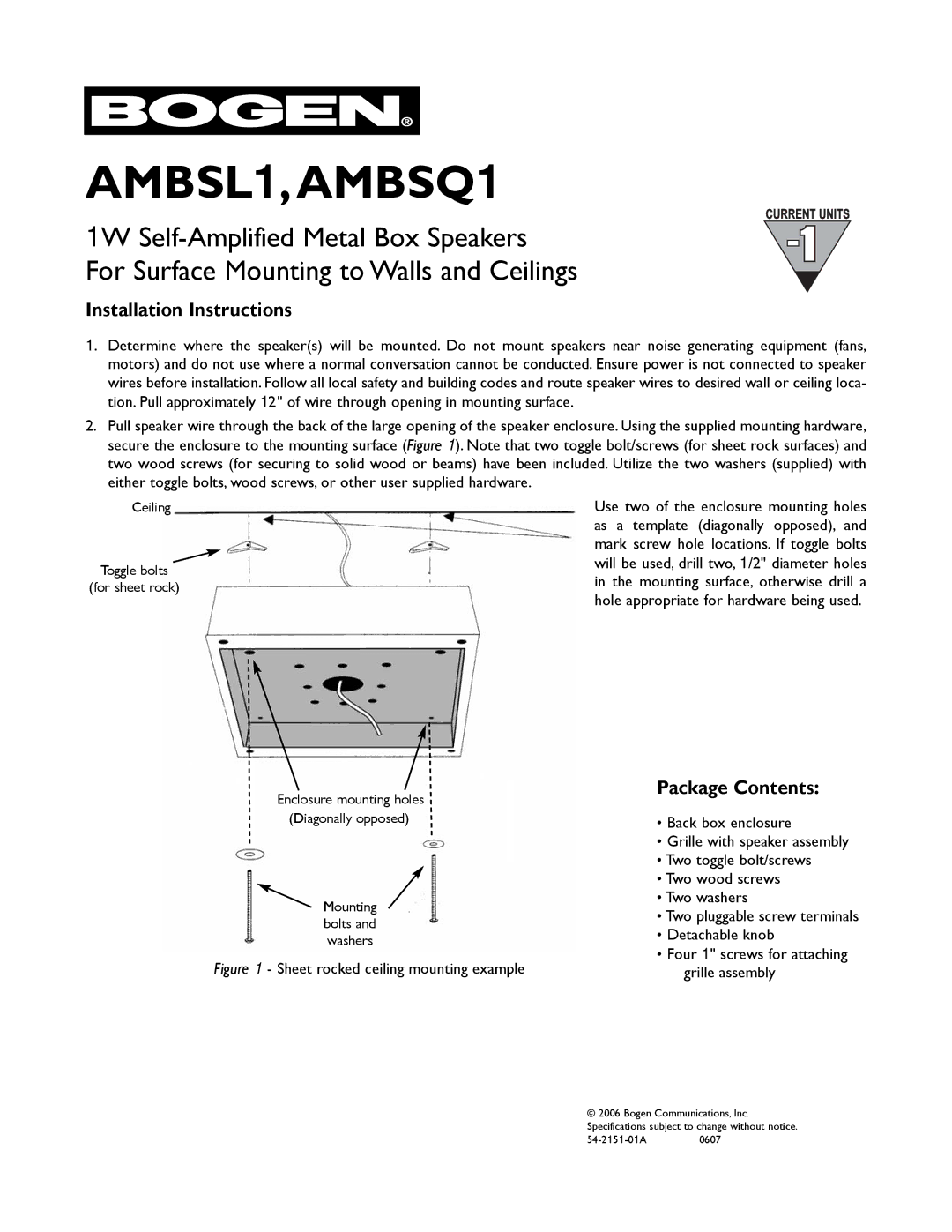 Bogen Imaging AMBSL-1 manual AMBSL1,AMBSQ1, Installation Instructions, Package Contents 