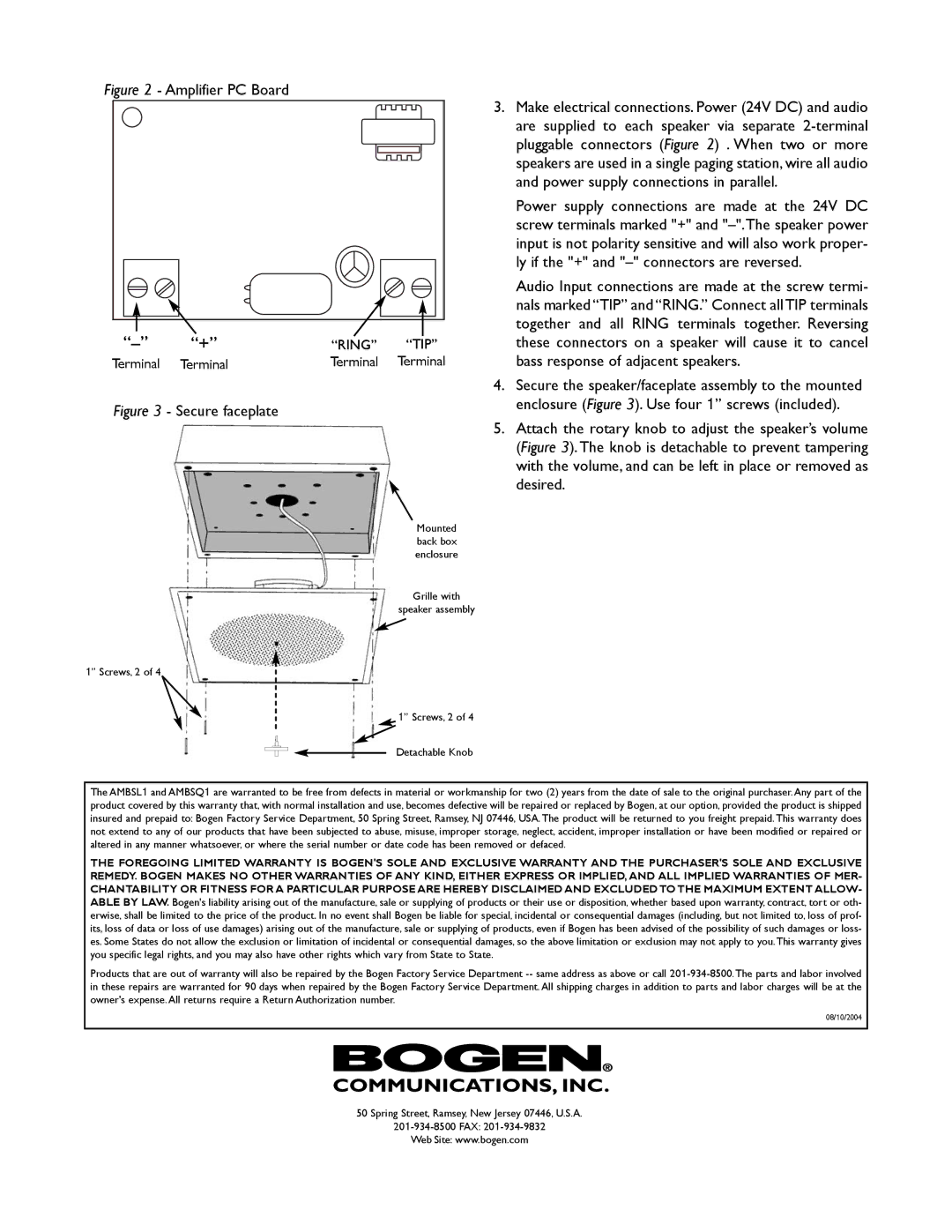 Bogen Imaging AMBSL-1 manual Amplifier PC Board 