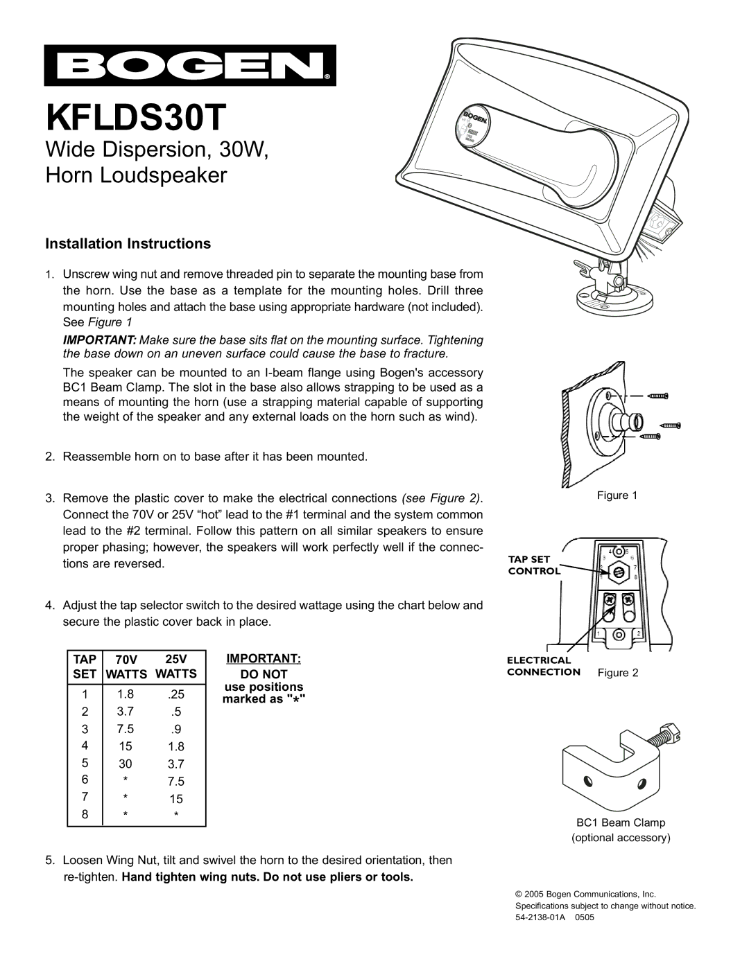 Bogen KFLDS30T installation instructions Wide Dispersion, 30W Horn Loudspeaker, Installation Instructions, Tap 