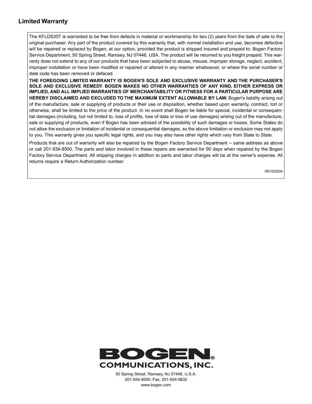 Bogen KFLDS30T installation instructions Limited Warranty 