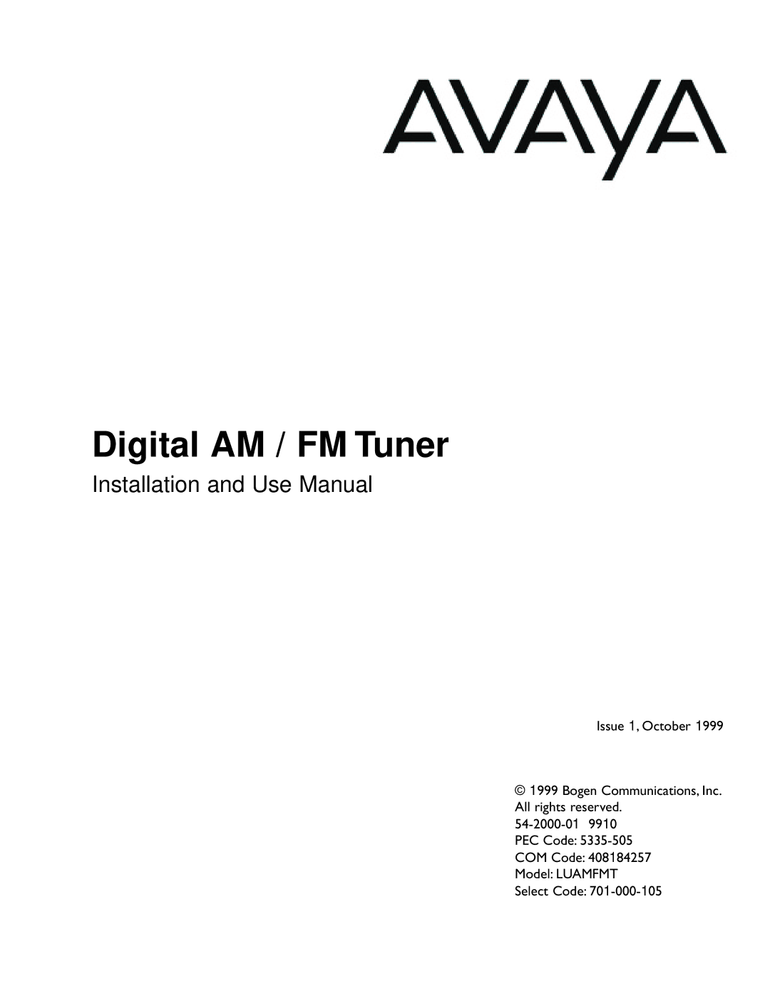 Bogen LUAMFMT manual Digital AM / FM Tuner 