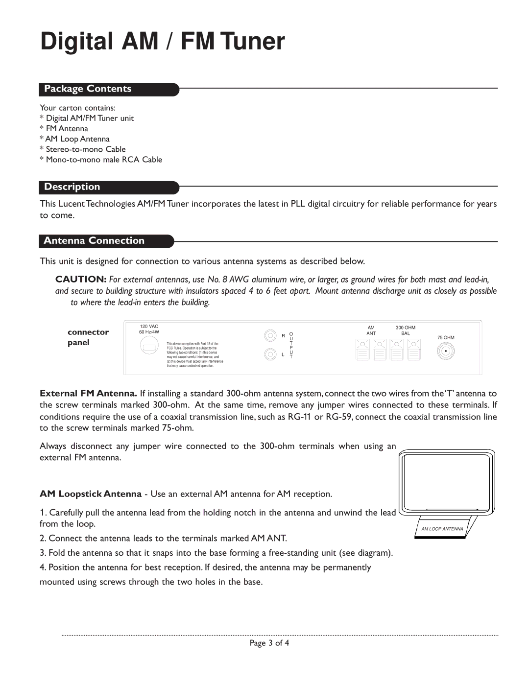 Bogen LUAMFMT manual Package Contents, Description, Antenna Connection 