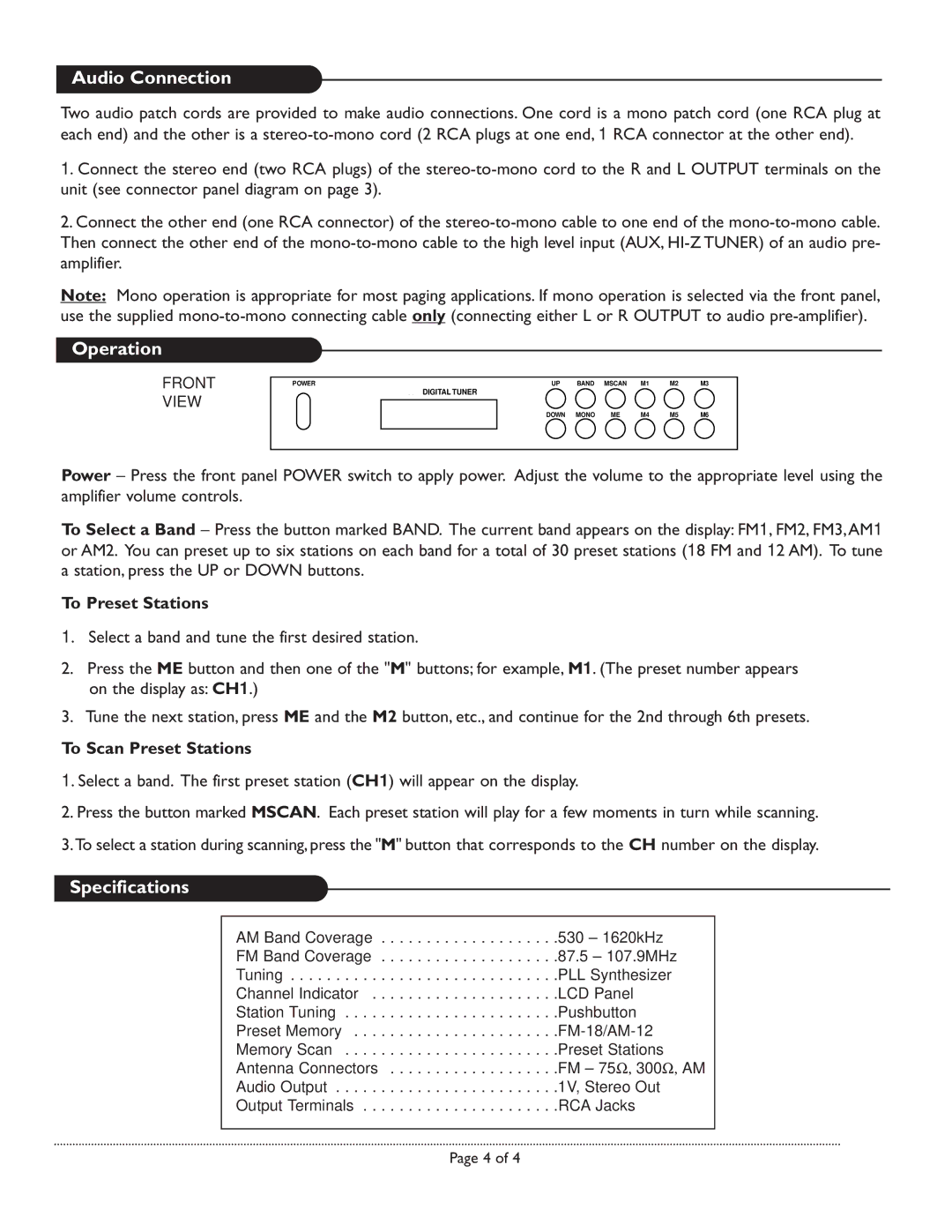 Bogen LUAMFMT manual Audio Connection, Operation, Specifications 