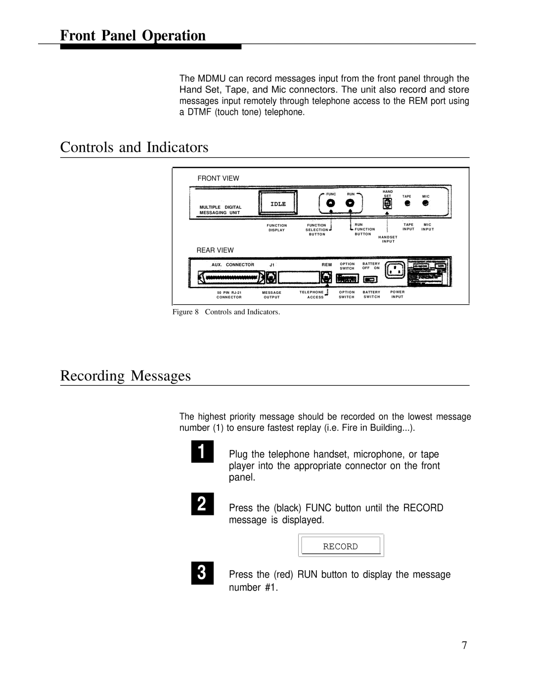 Bogen LUMDMU manual Front Panel Operation, Controls and Indicators, Recording Messages 