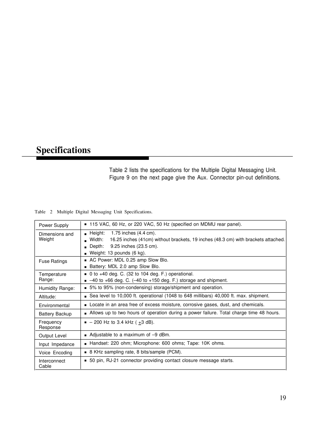 Bogen LUMDMU manual Specifications, On the next page give the Aux. Connector pin-out definitions 