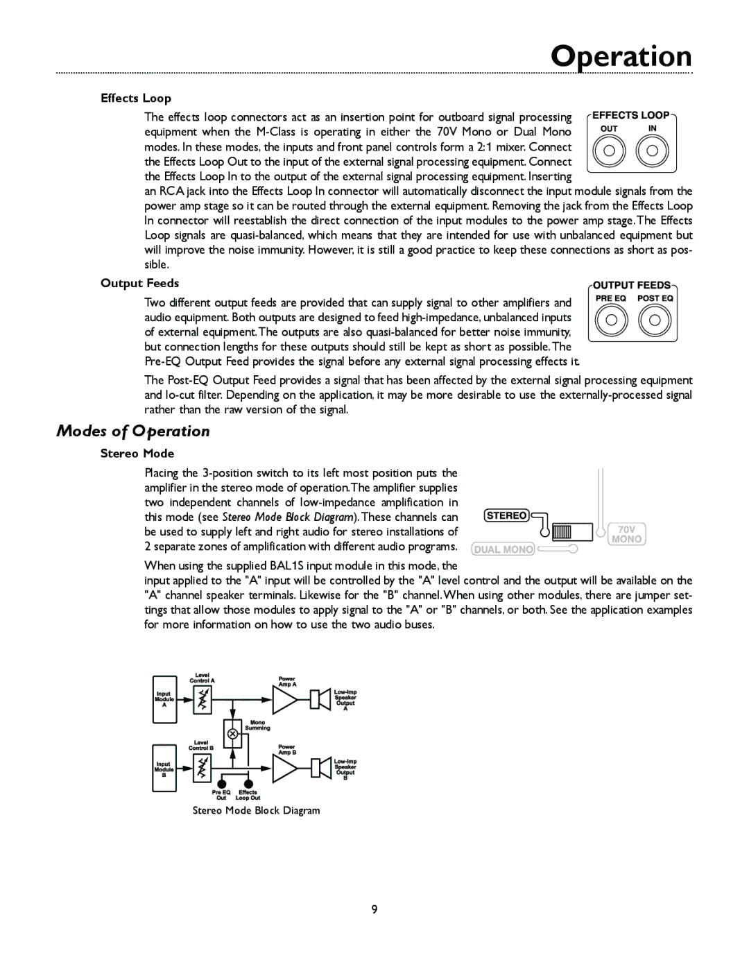 Bogen M300 manual Modes of Operation, Effects Loop, Output Feeds, Stereo Mode 