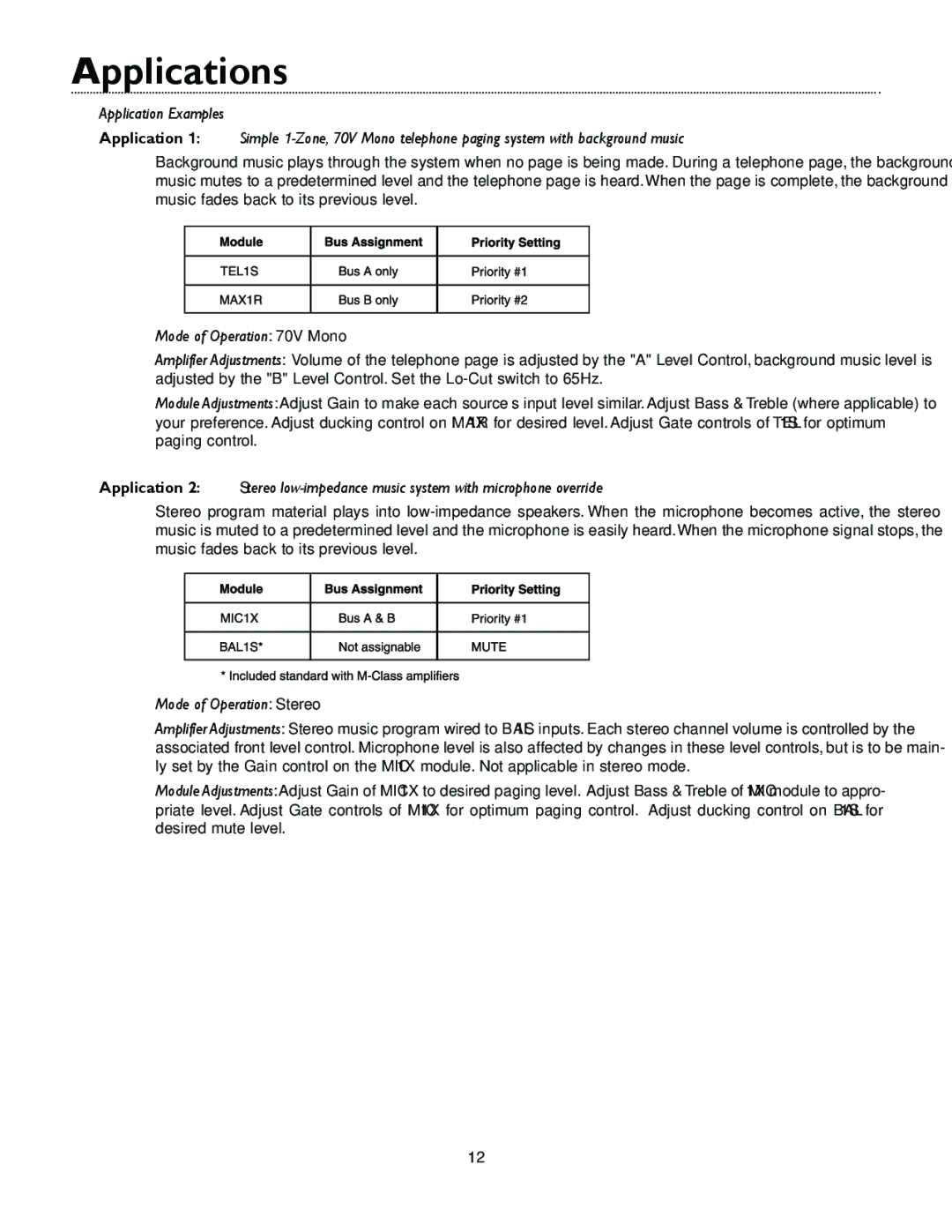 Bogen M300 manual Applications, Mode of Operation 70V Mono 