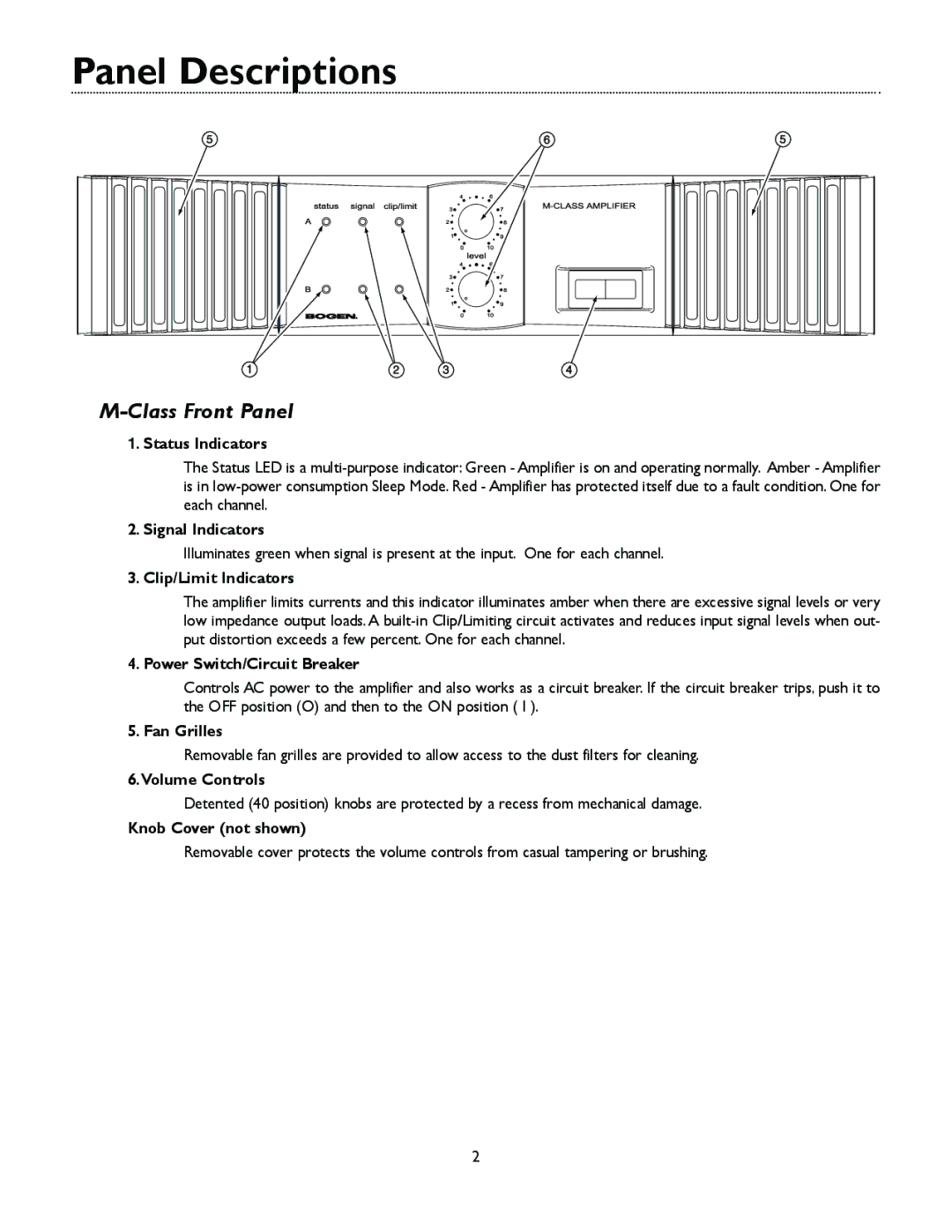 Bogen M300 manual Panel Descriptions, Class Front Panel 