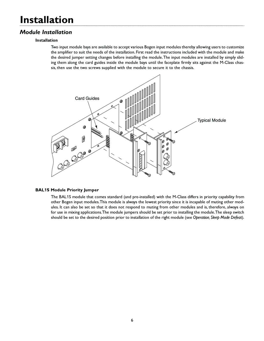 Bogen M300 manual Module Installation, BAL1S Module Priority Jumper 