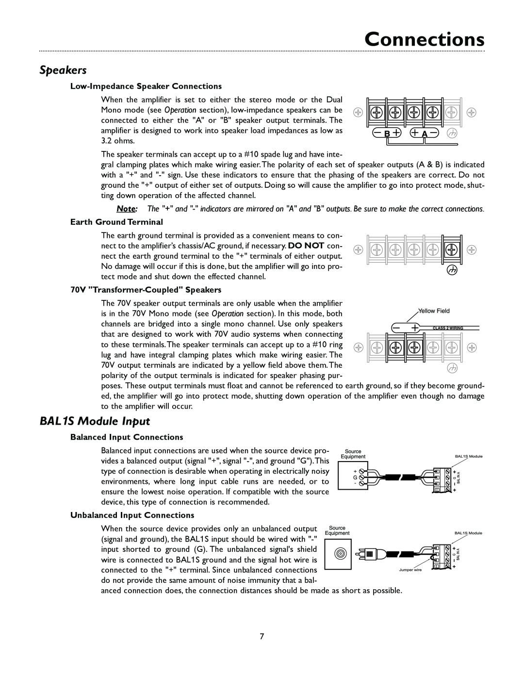 Bogen M300 manual Speakers, BAL1S Module Input, Low-ImpedanceSpeaker Connections, Earth Ground Terminal 