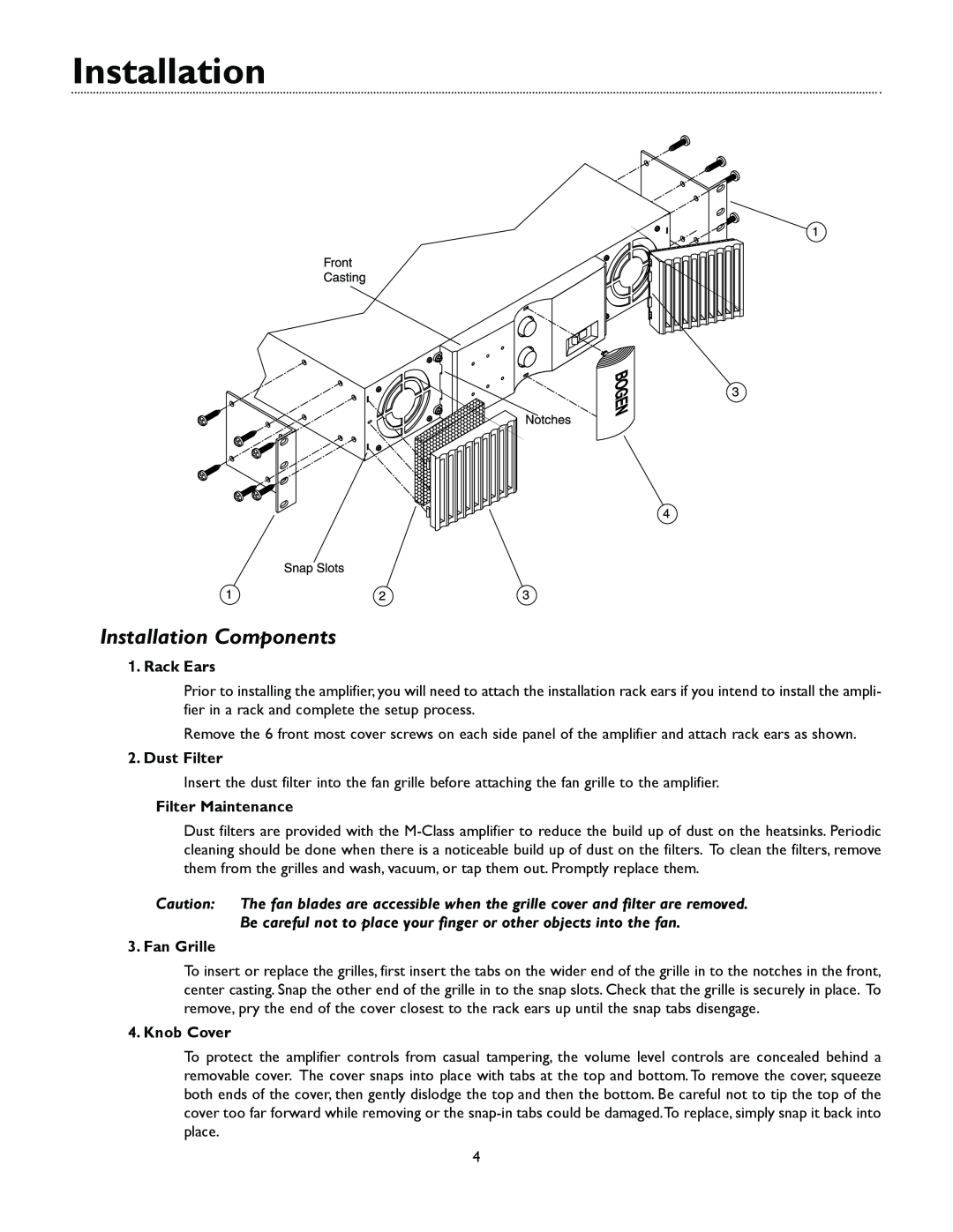 Bogen M300 manual Installation Components, Rack Ears, Dust Filter, Filter Maintenance, Fan Grille, Knob Cover 