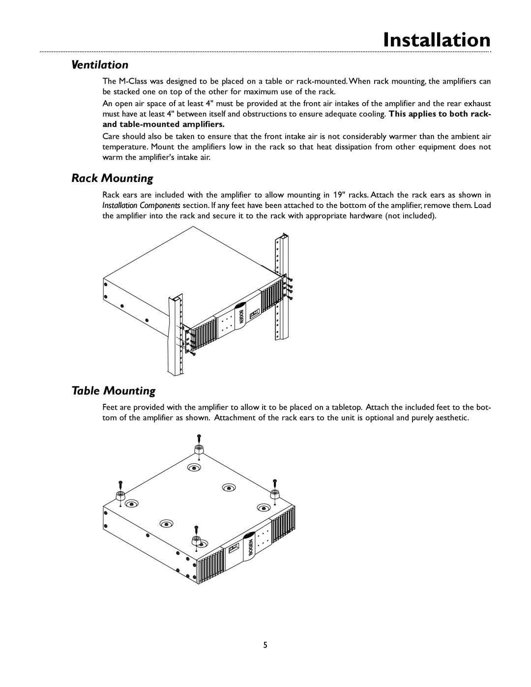 Bogen M300 manual Ventilation, Rack Mounting, Table Mounting, Installation 