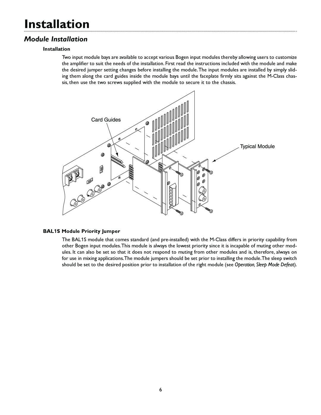 Bogen M300 manual Module Installation, BAL1S Module Priority Jumper 