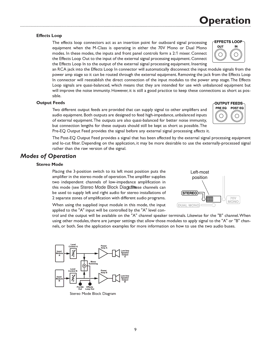 Bogen M450, BOGEN M300, M600 manual Modes of Operation, Effects Loop, Output Feeds, Stereo Mode 