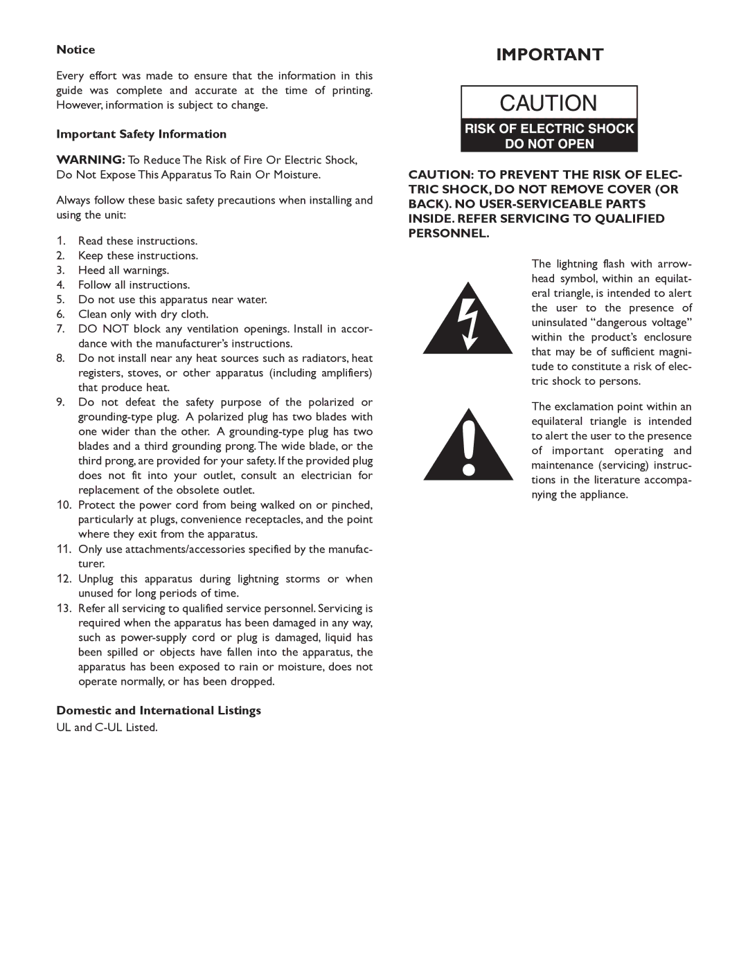 Bogen M600, M450, BOGEN M300 manual Important Safety Information, Domestic and International Listings 