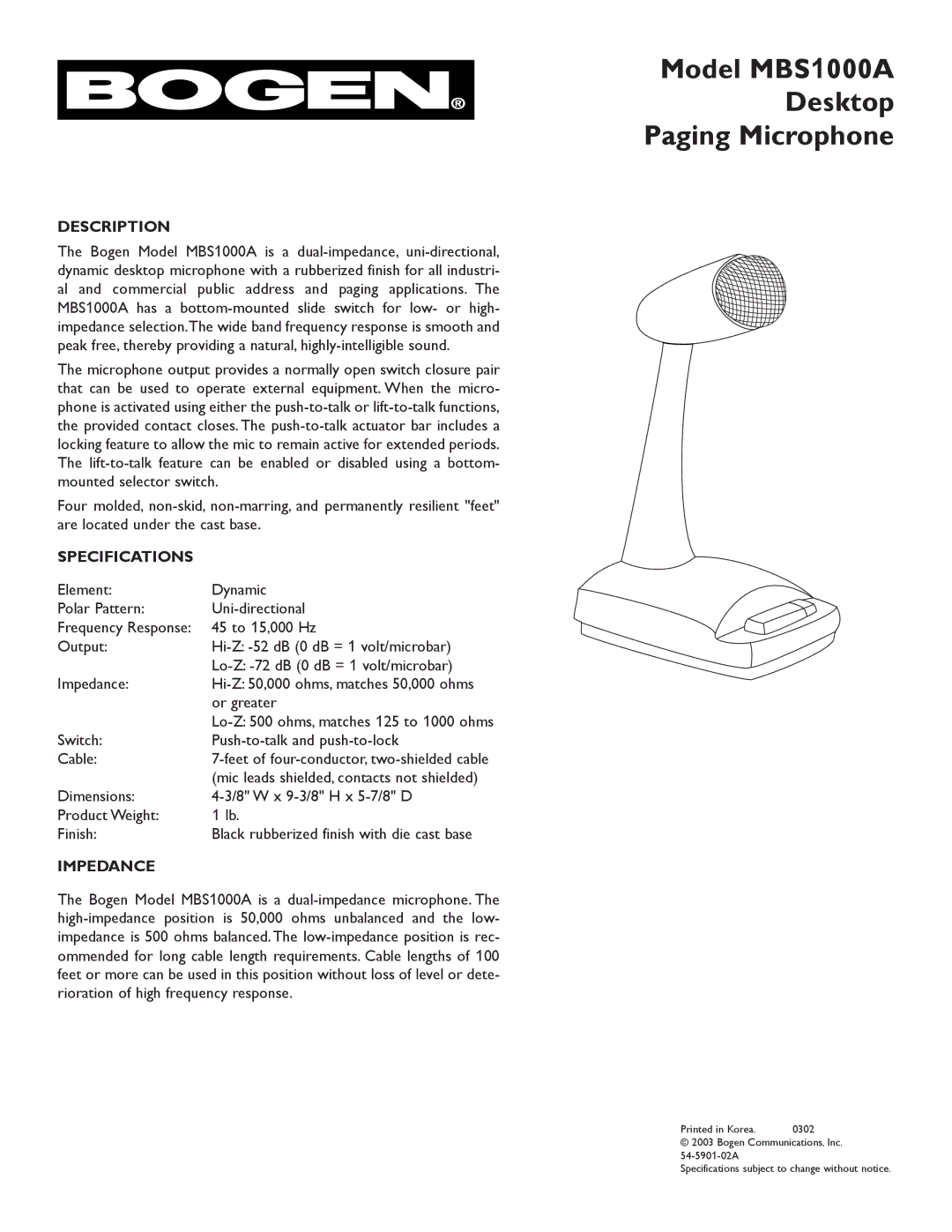 Bogen MBS1000A specifications Description, Specifications, Impedance 