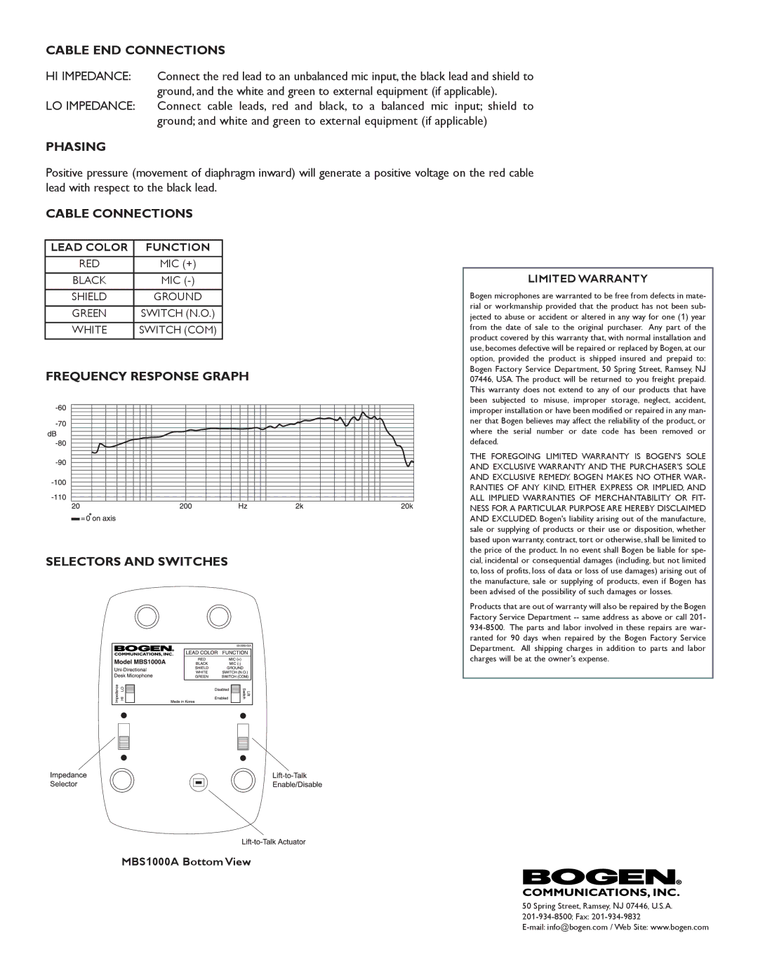 Bogen MBS1000A Cable END Connections, Phasing, Cable Connections, Frequency Response Graph Selectors and Switches 