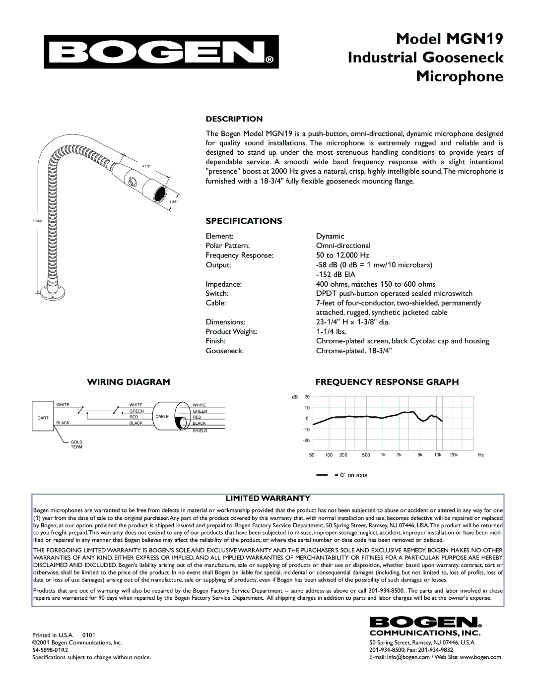 Bogen specifications Model MGN19 Industrial Gooseneck Microphone, Specifications, Description, Limited Warranty 