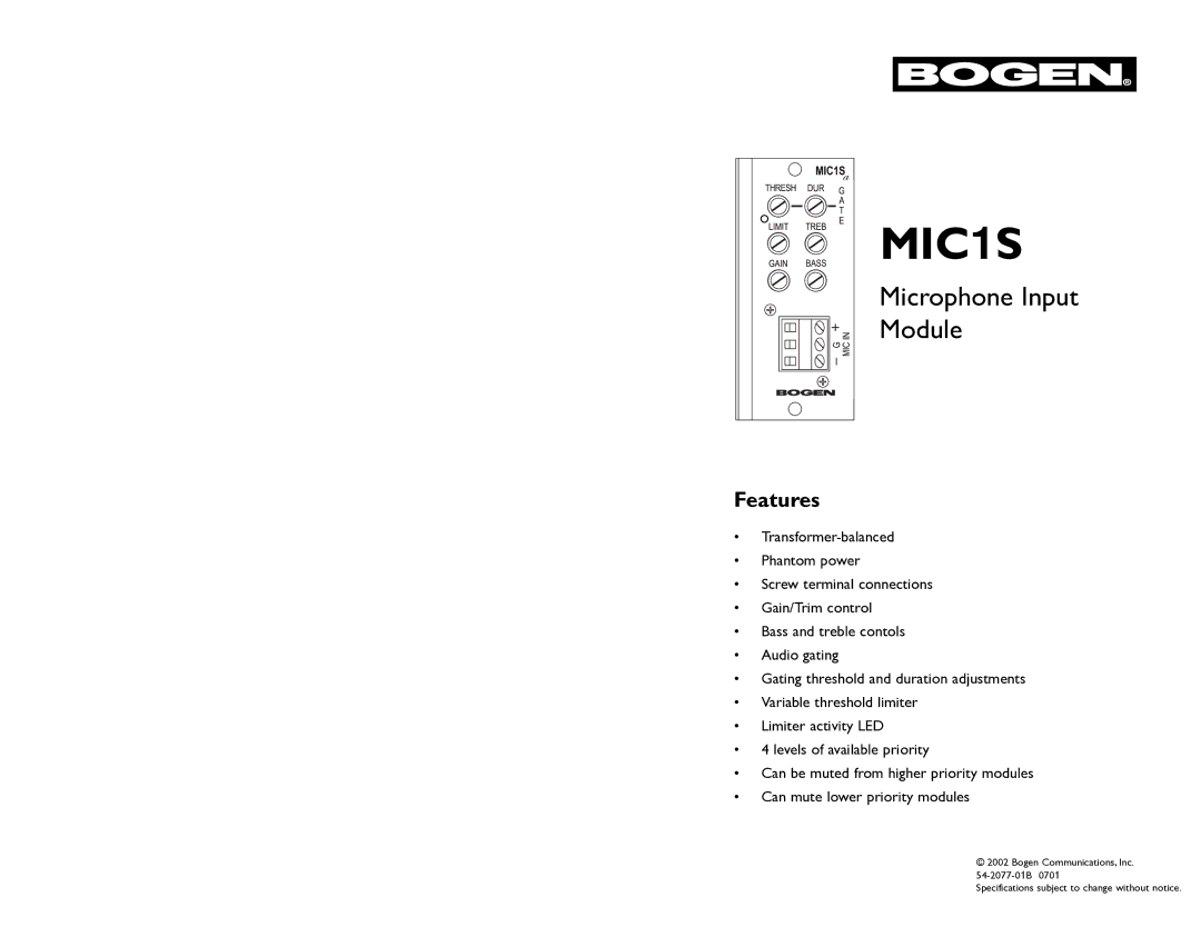 Bogen MIC1S specifications Features 