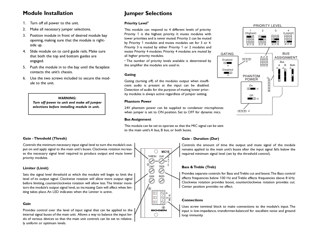 Bogen MIC1S specifications Module Installation Jumper Selections 