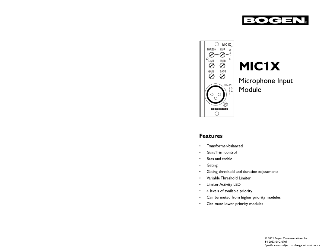 Bogen MIC1X specifications 