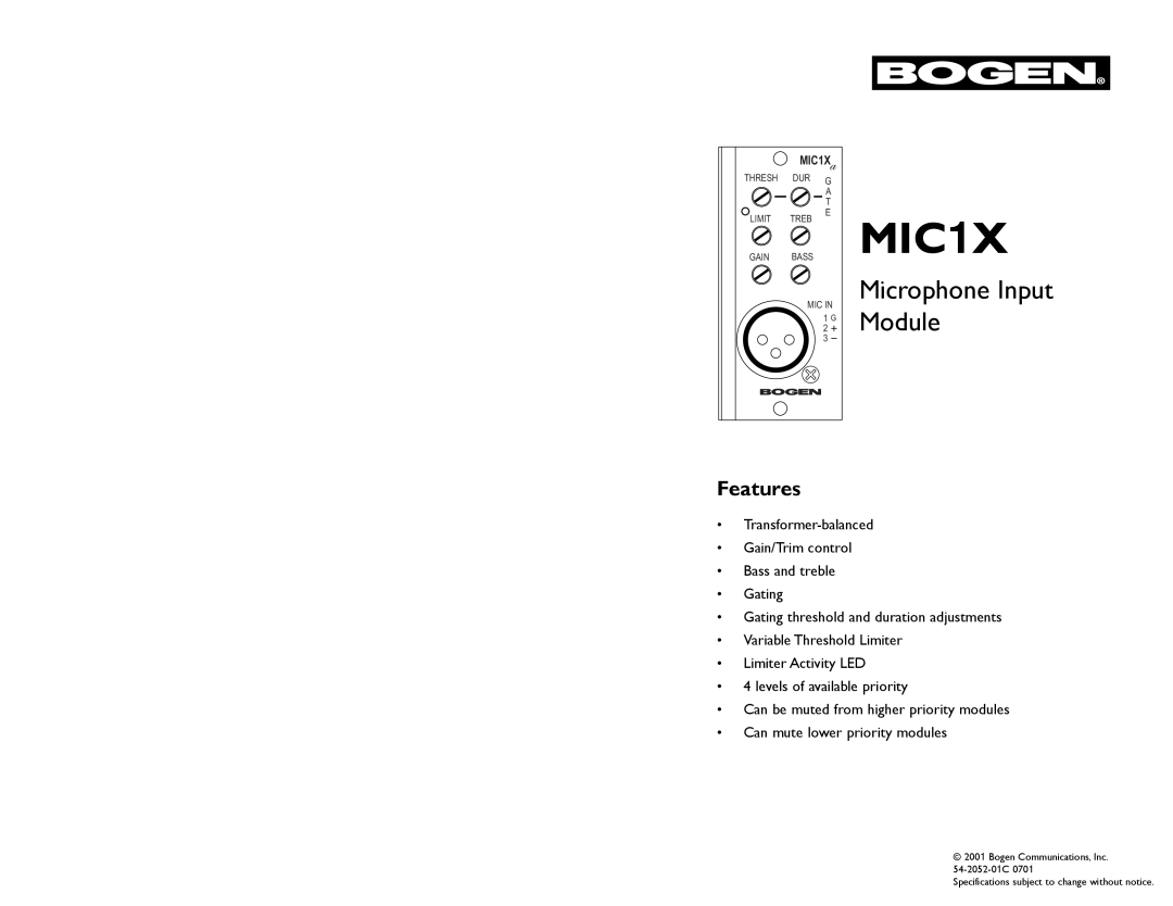 Bogen MIC1X specifications Features, Microphone Input Module 