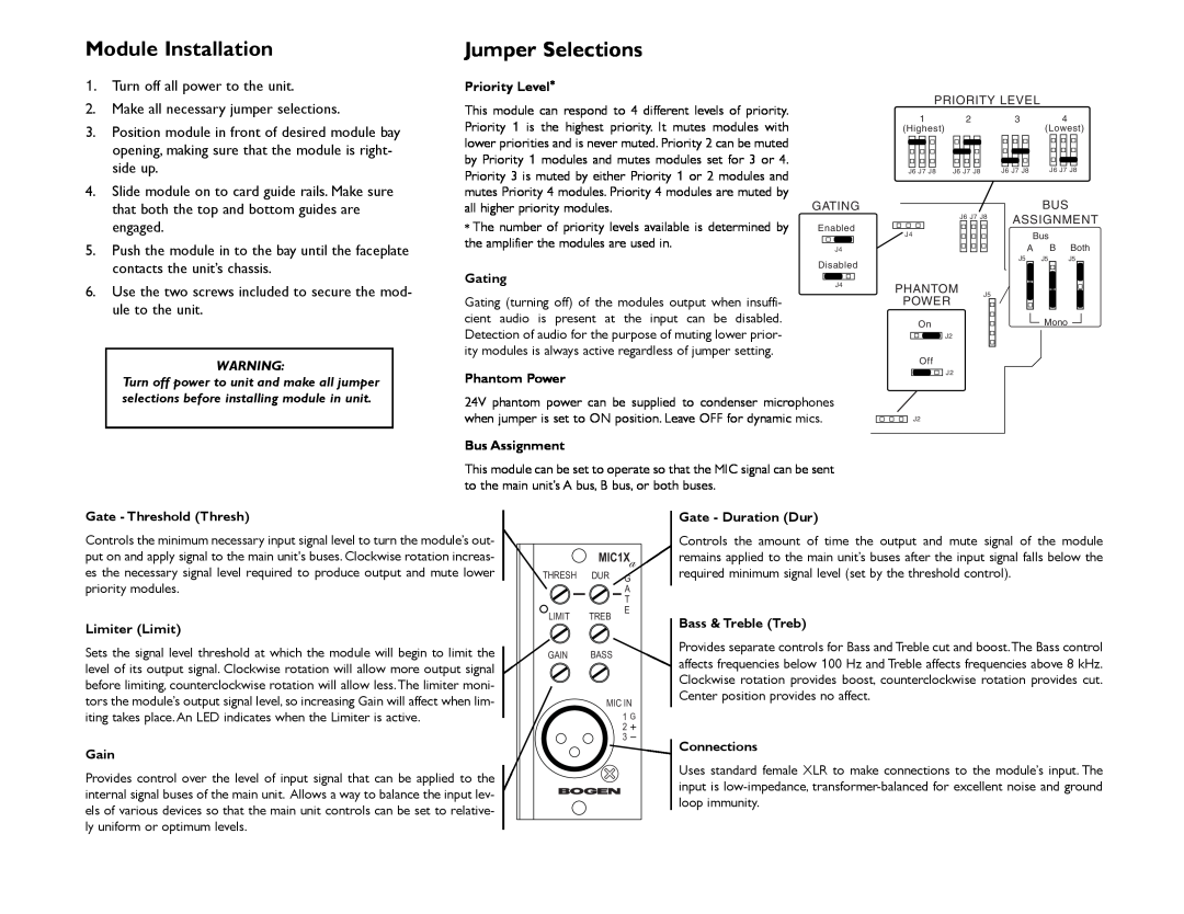 Bogen MIC1X specifications Module Installation, Jumper Selections 