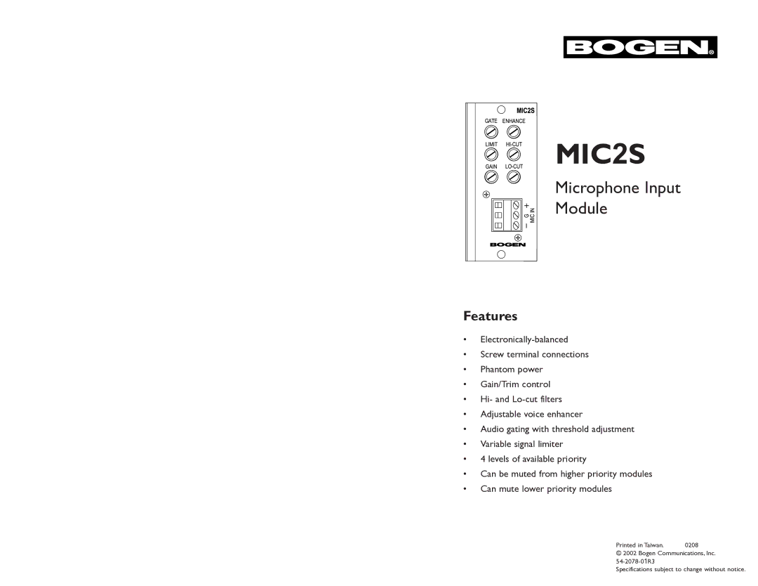 Bogen MIC2S specifications Features 