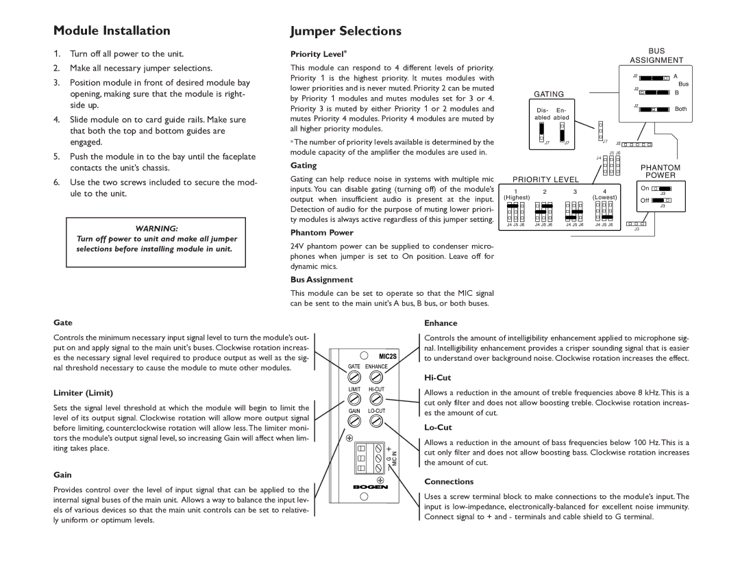 Bogen MIC2S specifications Module Installation Jumper Selections 