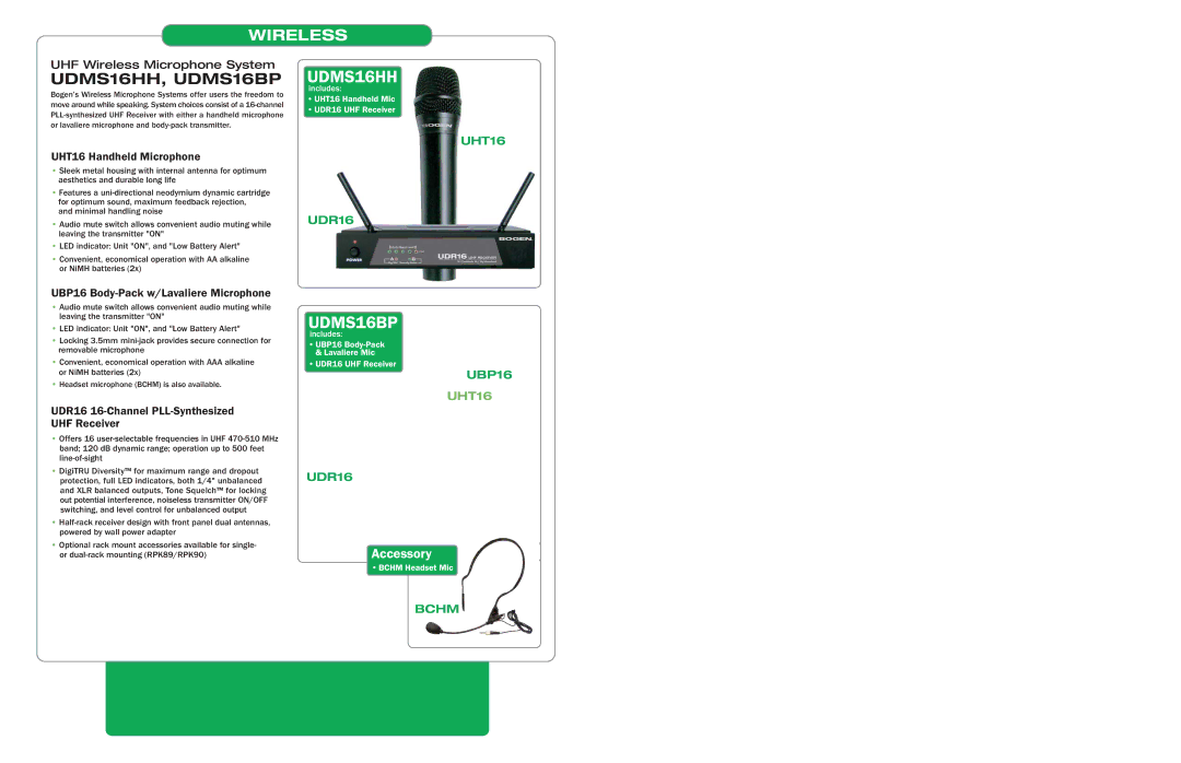 Bogen Microphones specifications Wireless, UDMS16HH, UDMS16BP 