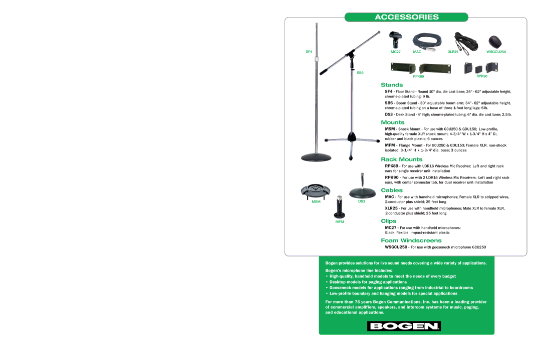 Bogen Microphones specifications Accessories, Stands 