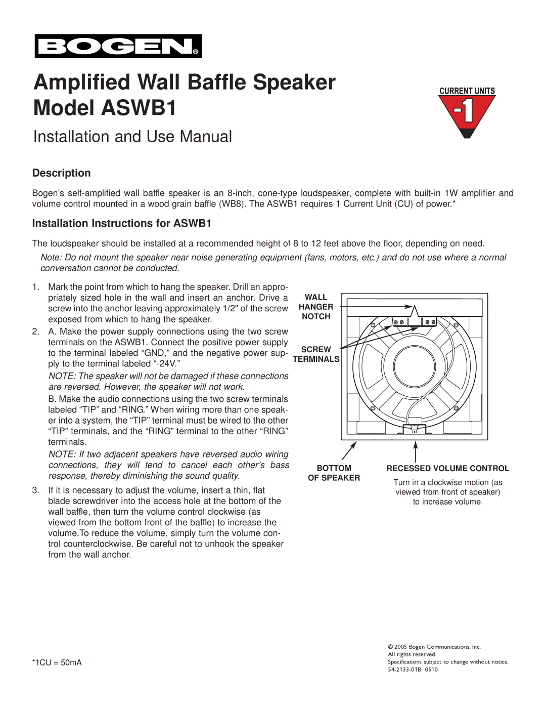 Bogen installation instructions Amplified Wall Baffle Speaker Model ASWB1, Installation and Use Manual, Description 