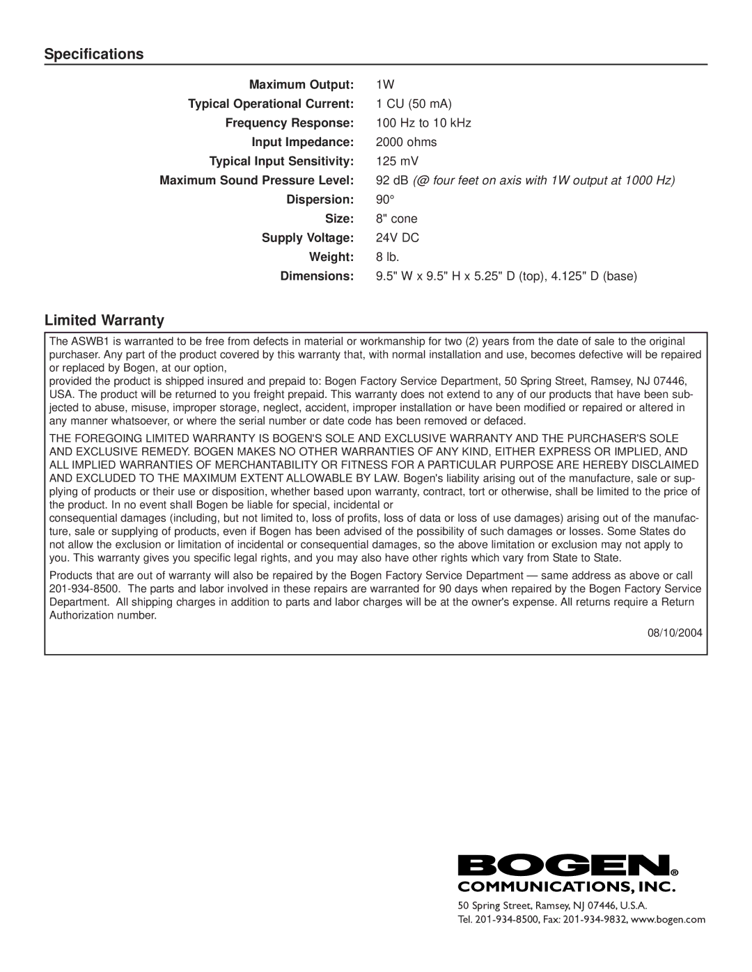 Bogen Model ASWB1 installation instructions Specifications, Limited Warranty 