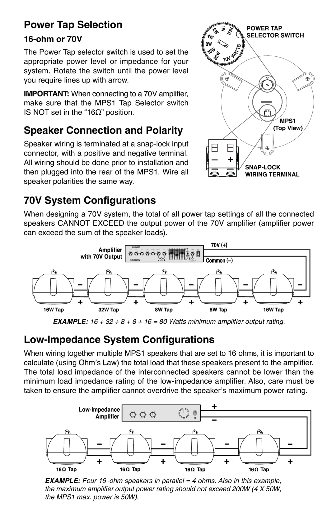 Bogen MPS1W, MPS1B specifications Power Tap Selection, Speaker Connection and Polarity, 70V System Configurations 