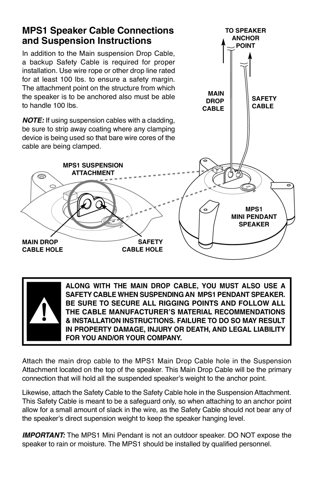 Bogen MPS1B, MPS1W specifications MPS1 Speaker Cable Connections and Suspension Instructions 