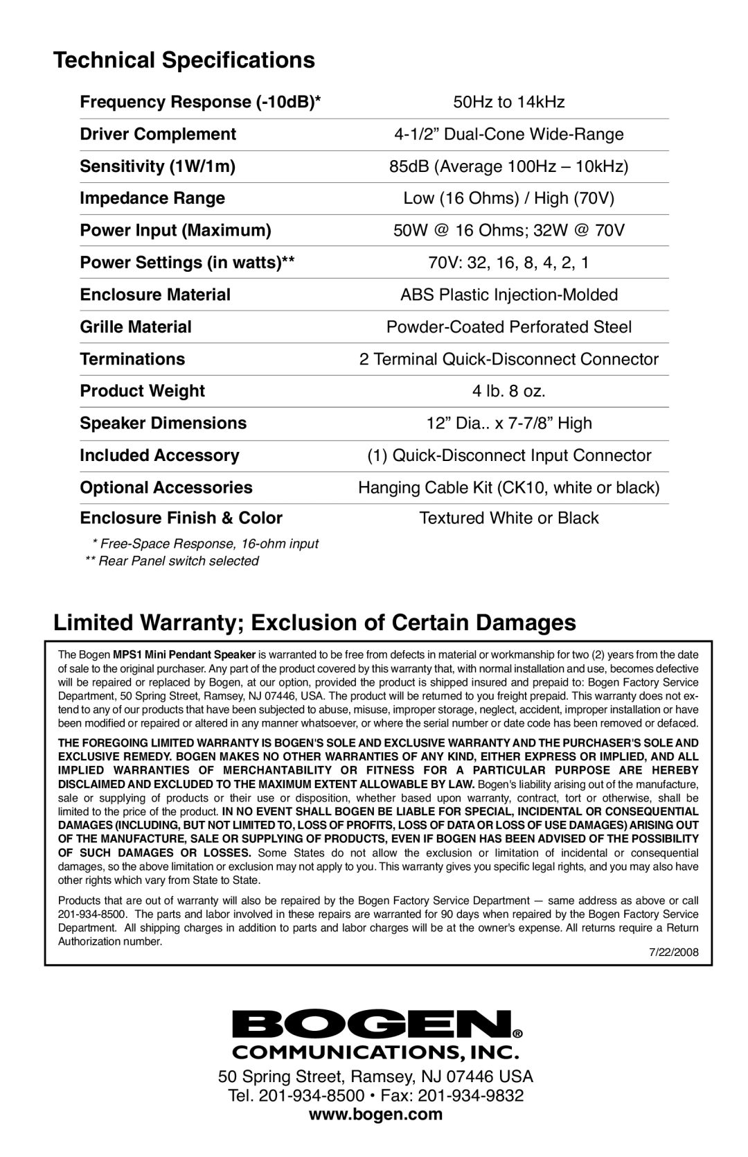 Bogen MPS1W, MPS1B specifications Technical Specifications, Limited Warranty Exclusion of Certain Damages 