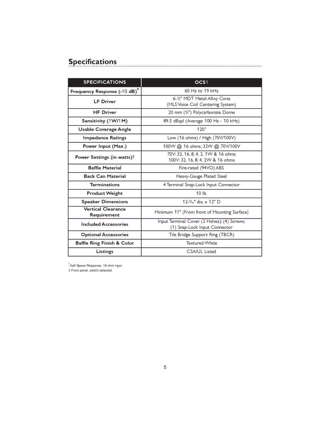 Bogen specifications Specifications OCS1 